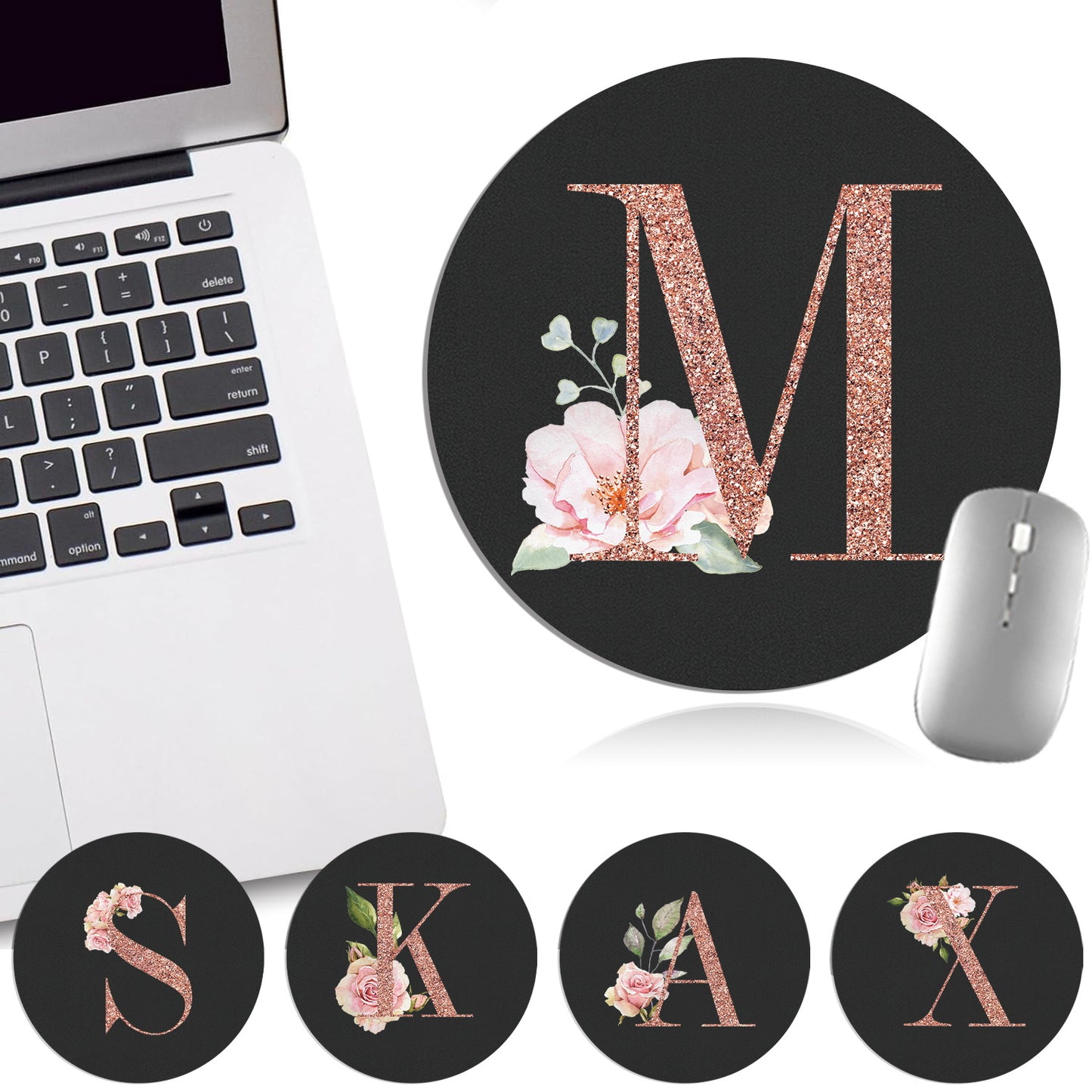 Rose Golden Mouse Pad 1pc Waterproof Rose Golden Floral Initial Mouse Pad - Smooth Glide Rubber Base Multifunctional Gaming & Office Accessory - Decorative Desk Item Faux Leather Desk Mat for Computers and Laptops